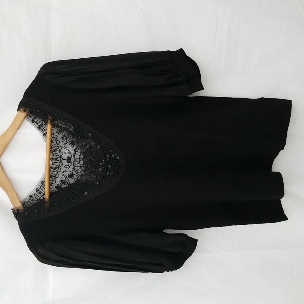 Nygard blouse black sequin embellished beaded lace statement sleeve top Medium
